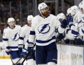 FILE PHOTO: Apr 6, 2019; Boston, MA, USA; Tampa Bay Lightning defenseman Braydon Coburn (55) celebrates with teammates on the bench after scoring against the Boston Bruins during the third period at TD Garden. Mandatory Credit: Winslow Townson-USA TODAY Sports