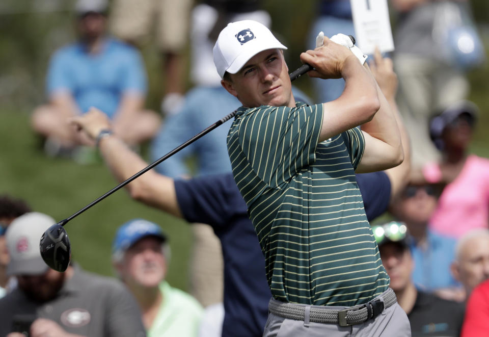 Jordan Spieth hits from the 16th tee during a practice round of The Players Championship golf tournament, Wednesday, March 13, 2019, in Ponte Vedra Beach, Fla. (AP Photo/Lynne Sladky)