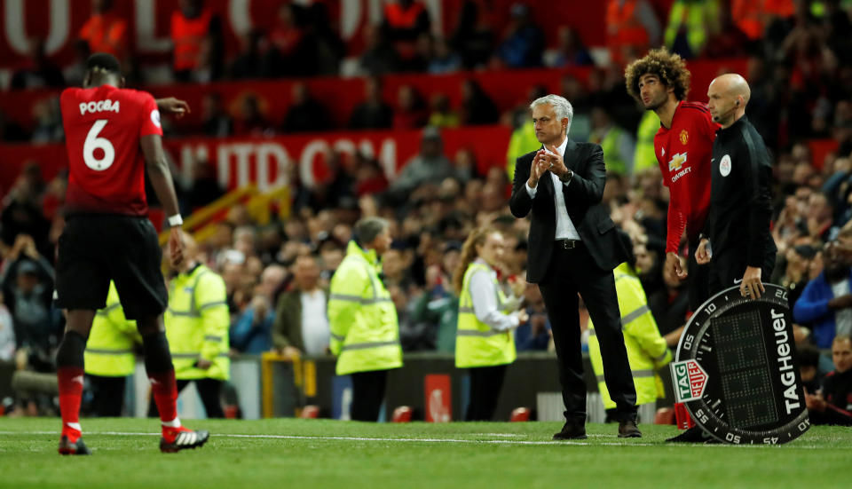 <p>Soccer Football – Premier League – Manchester United v Leicester City – Old Trafford, Manchester, Britain – August 10, 2018 Manchester United’s Marouane Fellaini comes on as a substitute to replace Paul Pogba as Manchester United manager Jose Mourinho looks on Action Images via Reuters/Andrew Boyers EDITORIAL USE ONLY. No use with unauthorized audio, video, data, fixture lists, club/league logos or “live” services. Online in-match use limited to 75 images, no video emulation. No use in betting, games or single club/league/player publications. Please contact your account representative for further details. </p>