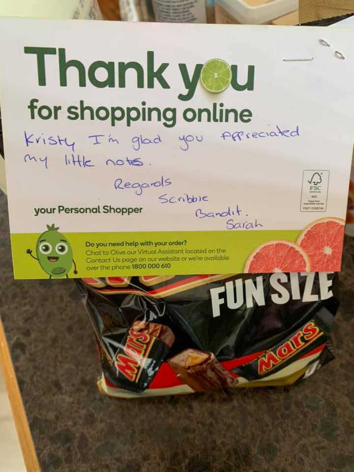 Bag of Mars bars and thank you note. Source: Facebook