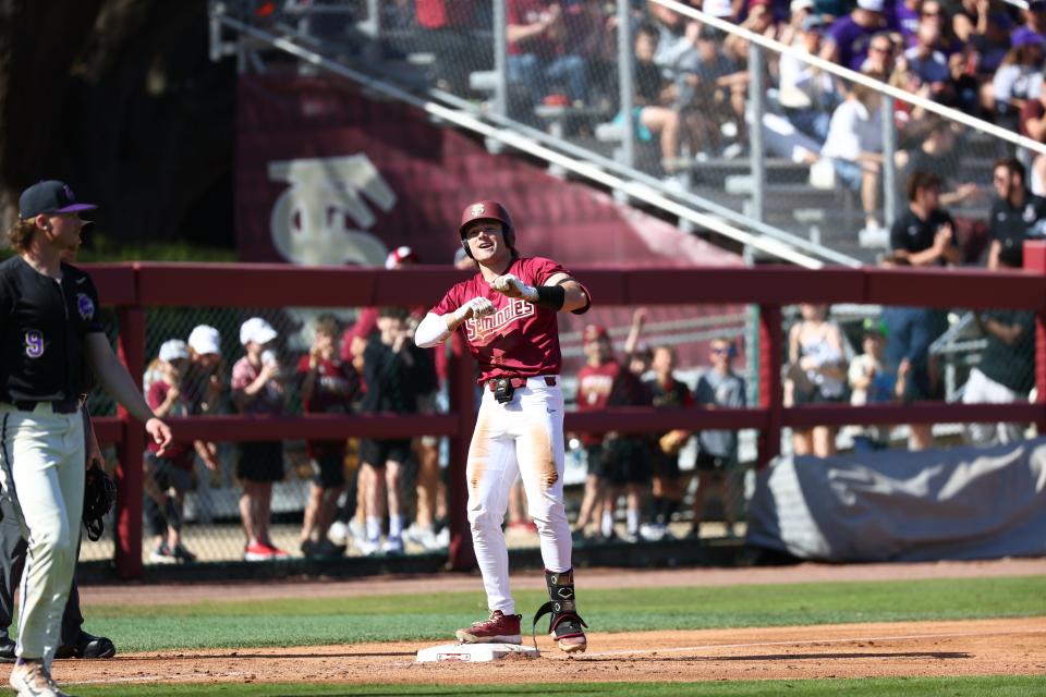 Florida State baseball's Drew Faurot celebrates during a 8-4 win over Western Carolina on Feb. 24, 2024 at Dick Howser Stadium.