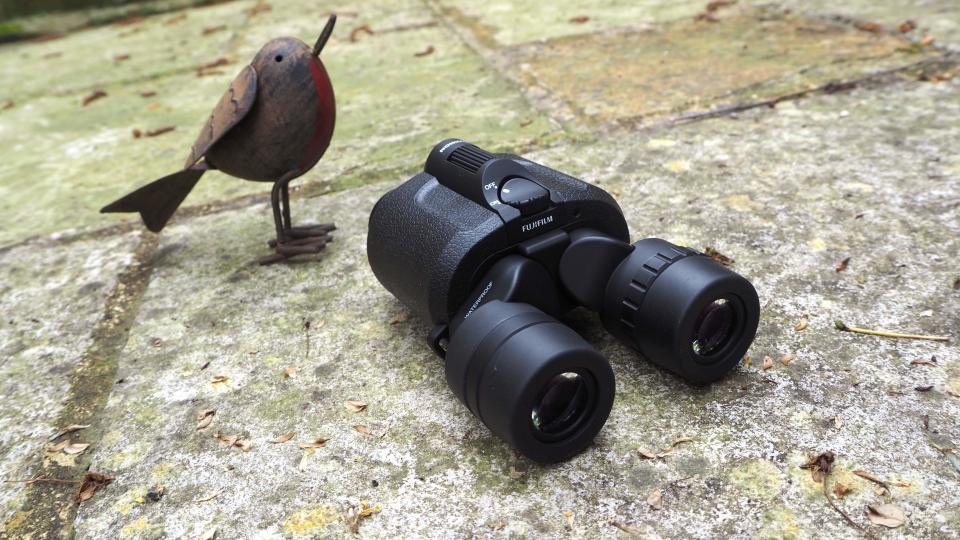 Fujifilm Fujinon Techno-Stabi TS16x28WP binocular on a large stone next to a small bird figurine