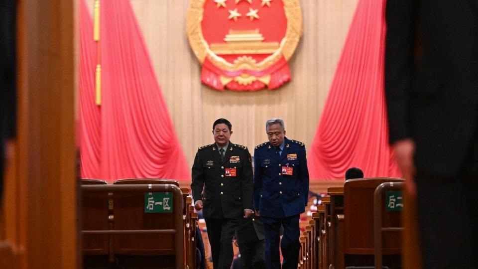 Military delegates arrive for the opening session of the National People's Congress in Beijing on March 5, 2024. (Jade Gao/AFP via Getty Images)