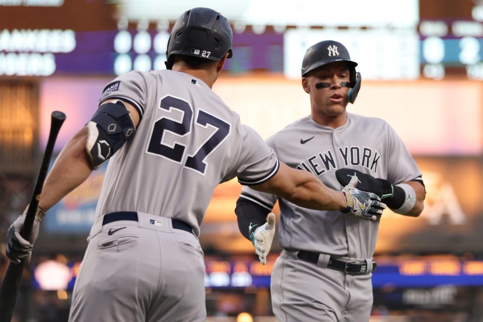 1645209834.jpg DETROIT, MICHIGAN - AUGUST 28: Aaron Judge #99 of the New York Yankees celebrates scoring a fifth inning run with Giancarlo Stanton #27 owhile playing the Detroit Tigers at Comerica Park on August 28, 2023 in Detroit, Michigan. (Photo by Gregory Shamus/Getty Images)