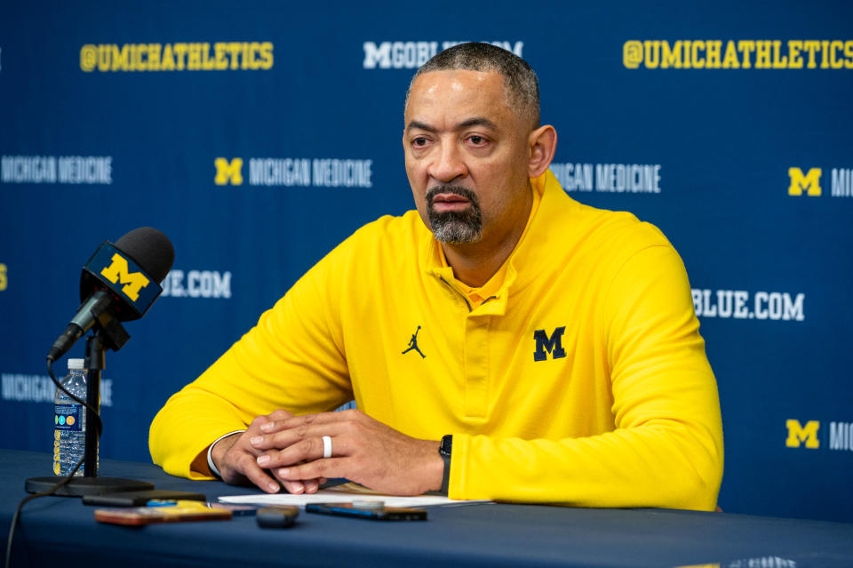 ANN ARBOR, MI - MARCH 10: Michigan Wolverines during a postgame press conference after their college basketball game against the Nebraska Cornhuskers at Crisler Arena on March 10, 2024 in Ann Arbor, Michigan. 's head basketball coach Juwan Howard speaks to the media. The Nebraska Cornhuskers won the game 85-70.  (Photo by Aaron J. Thornton/Getty Images)