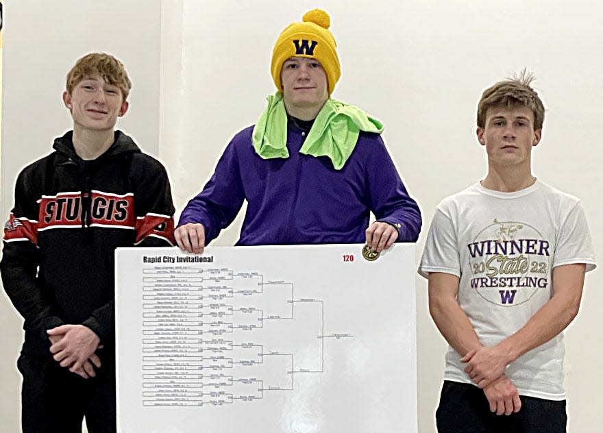 Watertown High School junior wrestler Sloan Johannsen pushed his second record to 11-0 by winning the 120-pound championship in the Rapid City Invitational on Saturday, Dec. 10, 2022. Johannsen beat Maxton Brozik of Winner (right) 4-3 in the title match. Tegan Zebroski of Sturgis (left) was third.