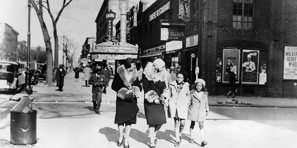 <p>Women and children stroll down the streets of Harlem in New York City during the winter of 1933. </p>