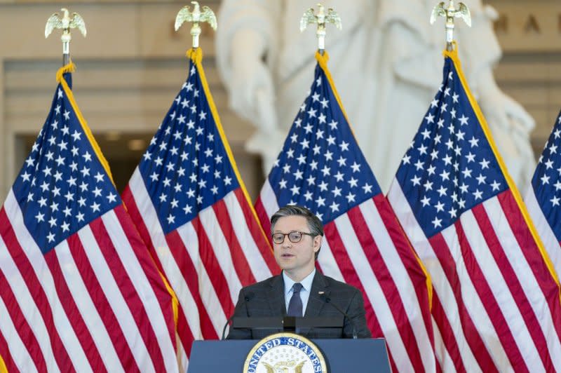 Speaker of the House Mike Johnson, R-La., speaks during the Congressional Gold Medal presentation ceremony honoring the Ghost Army of World War II. Photo by Bonnie Cash/UPI