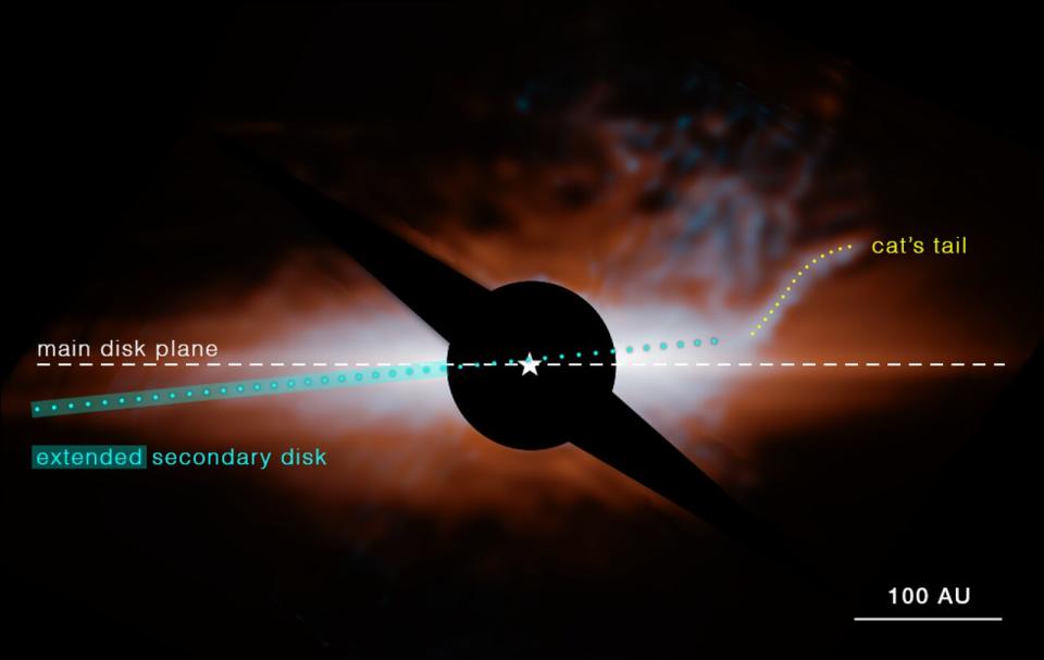 Annotated version of photo showing large reddish-orange dust cloud in deep space.