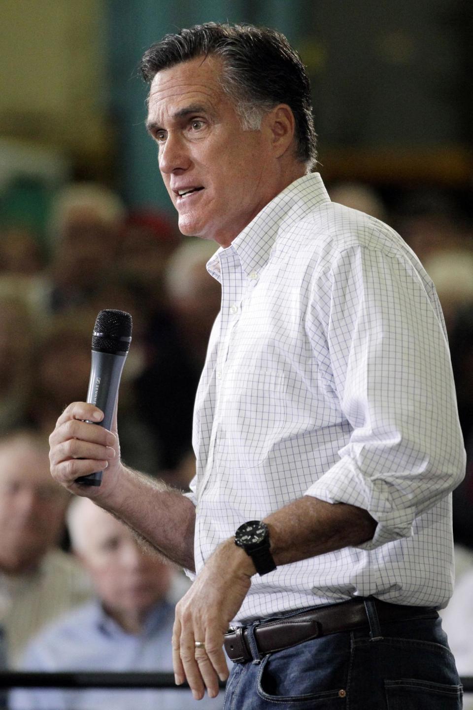 Republican presidential candidate, former Massachusetts Gov. Mitt Romney speaks at a town hall-style meeting in Euclid, Ohio, Monday, May 7, 2012. (AP Photo/Jae C. Hong)