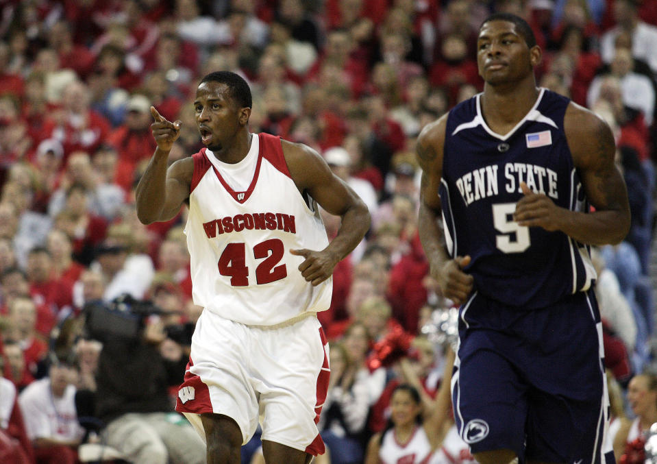 February 17, 2007; Madison, WI, USA; Wisconsin Badgers foward (42) Alando Tucker celebrates after scoring during the second half against the Penn State Nittany Lions at the Kohl Center. Wisconsin defeated Penn State 75-49. Mandatory Credit: Photo By Jeff Hanisch-USA TODAY Sports Copyright (c) 2007 Jeff Hanisch