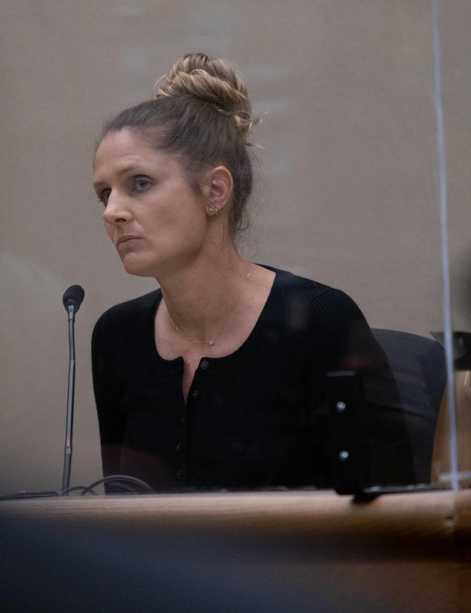 Heidi Hodak testifies at the murder trial of Stephen Deflaun in San Luis Obispo Superior Court on March 29, 2023. Deflaun is accused of killing two people at Morro Strand State Beach in a shooting on July 8, 2001.