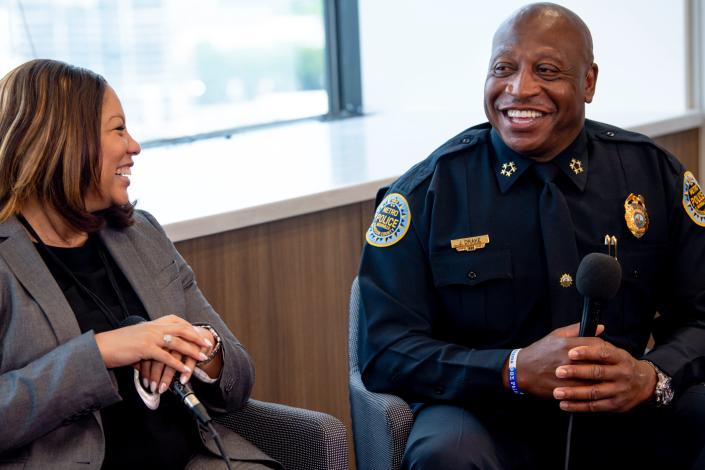 Metro Nashville Schools Director Adrienne Battle and Metro Nashville Police Chief John Drake share a laugh during a live-streamed panel discussion held at The Tennessean on Thursday, May 27, 2021 in Nashville, Tenn.
