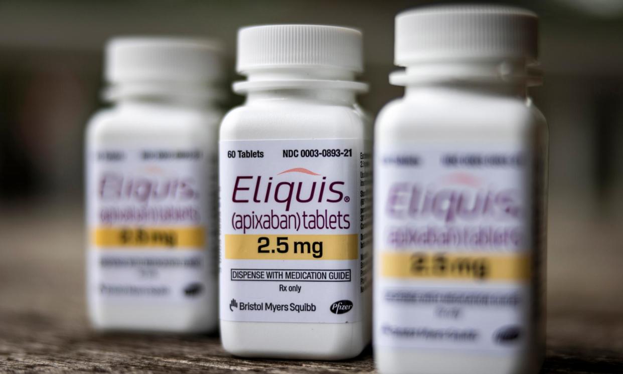 <span>Bottles of the blood thinner Eliquis, one of 10 prescription drugs the Biden administration has chosen for price negotiations in an effort to lower Medicare costs.</span><span>Photograph: Jim Lo Scalzo/EPA</span>
