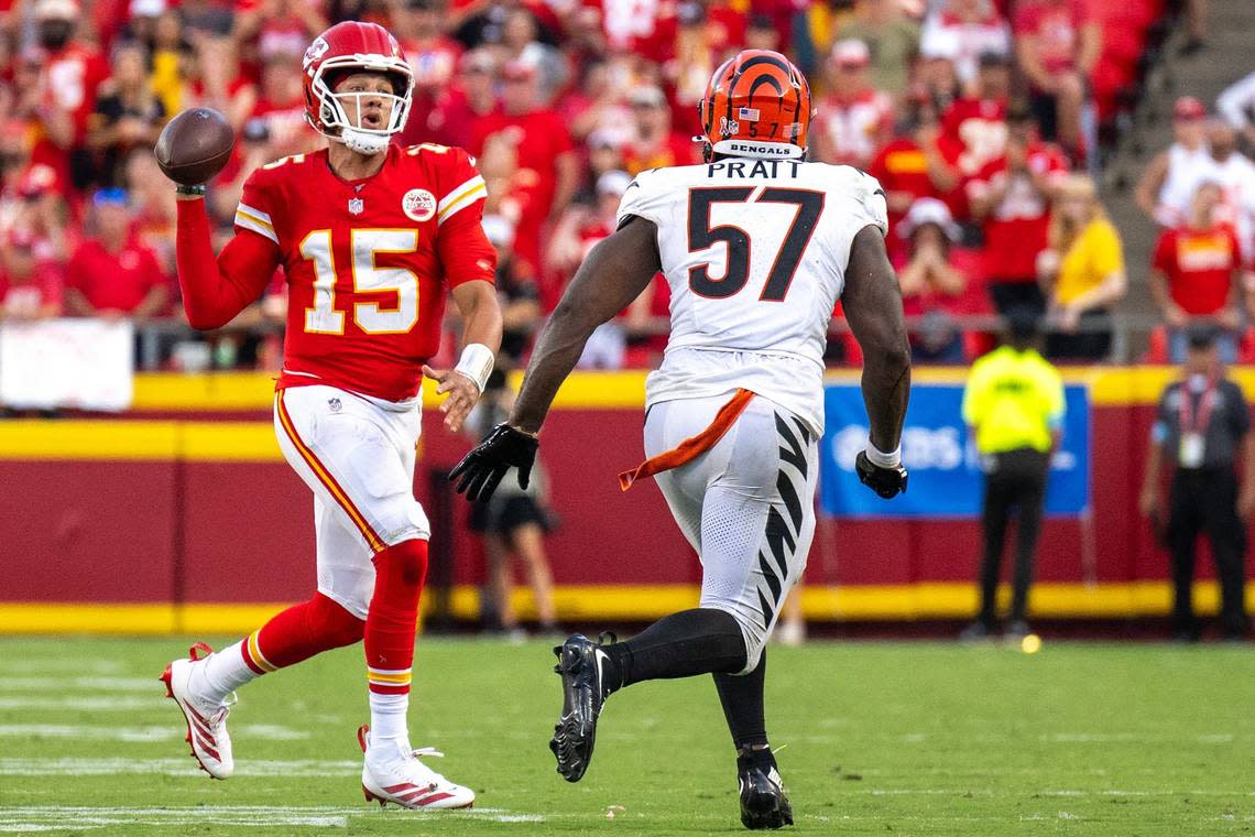 Kansas City Chiefs quarterback Patrick Mahomes (15) throws his final pass in the fourth quarter against the Cincinnati Bengals on Sunday, Sept. 15, 2024, at GEHA Field at Arrowhead Stadium.