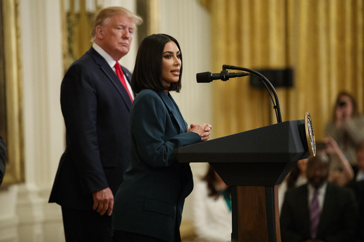 Kim Kardashian West, who is among the celebrities who have advocated for criminal justice reform, speaks during an event on second chance hiring and criminal justice reform with President Donald Trump in the East Room of the White House, Thursday, June 13, 2019, in Washington. (AP Photo/Evan Vucci)