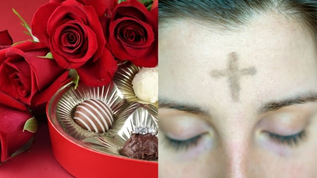 Box of chololates and flowers next to a photo of a person with church ashes on their forehead for Ash Wednesday.