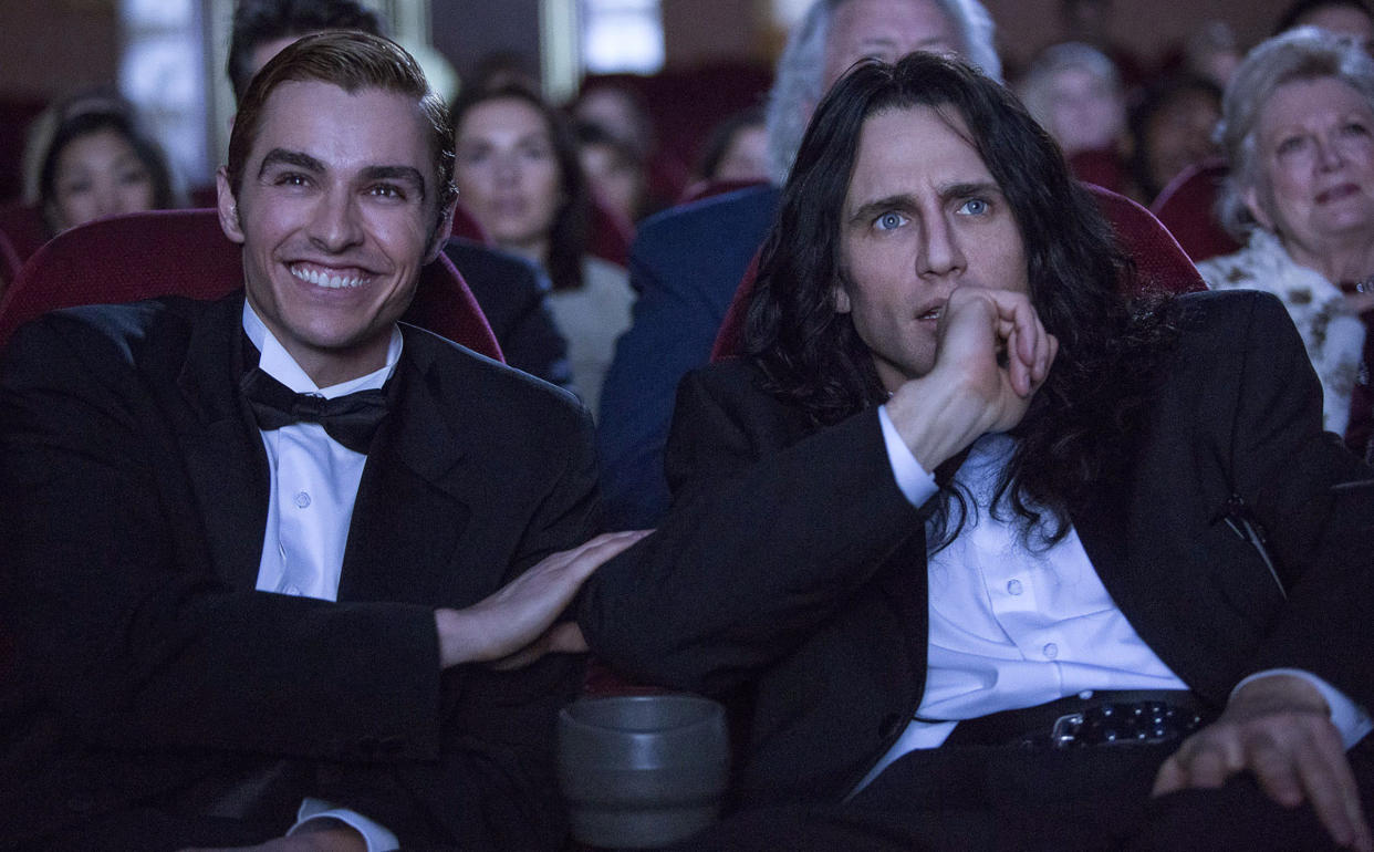 This image released by A24 shows Dave Franco, left, and James Franco in a scene from “The Disaster Artist.” (Justina Mintz/A24 via AP)