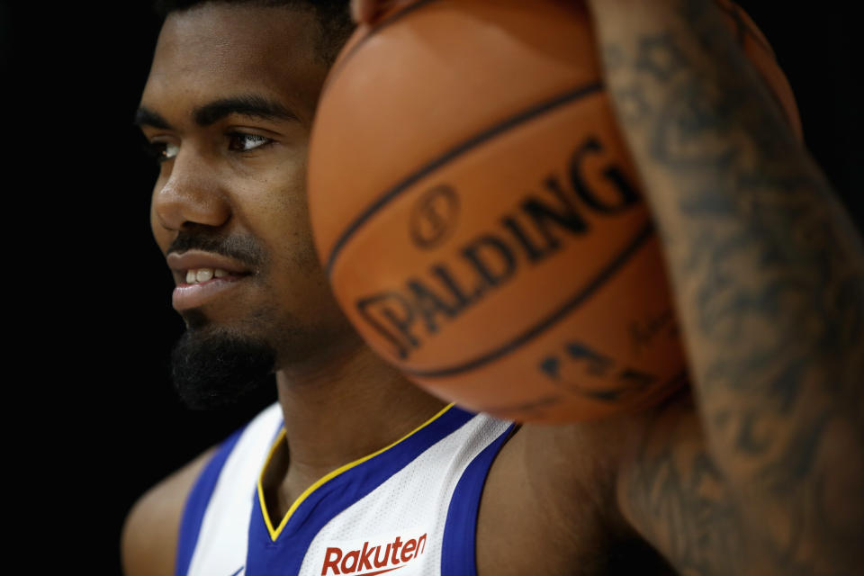 OAKLAND, CA - SEPTEMBER 24: Jacob Evans III #10 of the Golden State Warriors poses for a picture during the Golden State Warriors media day on September 24, 2018 in Oakland, California. 