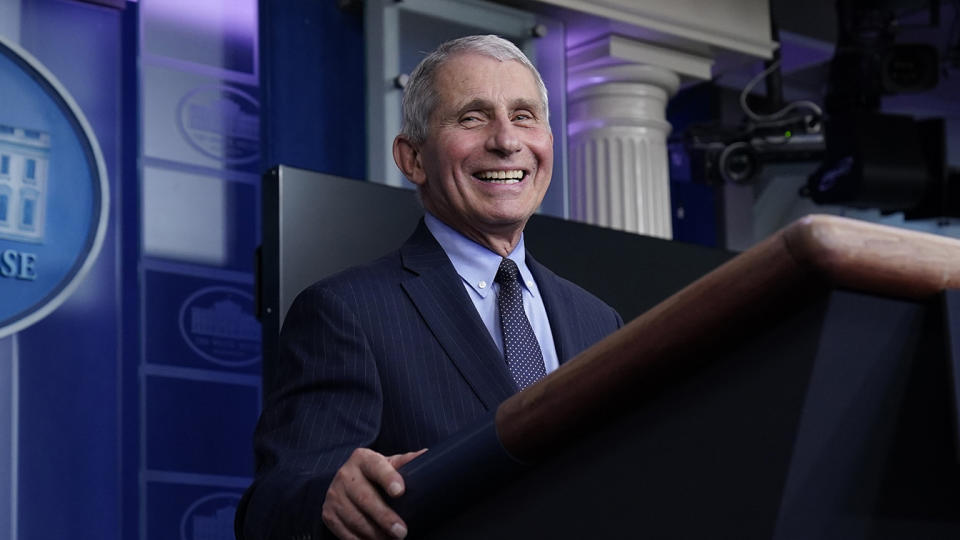 Dr. Anthony Fauci, director of the National Institute of Allergy and Infectious Diseases, laughs while speaking in the James Brady Press Briefing Room at the White House, Thursday, Jan. 21, 2021, in Washington. (Alex Brandon/AP)