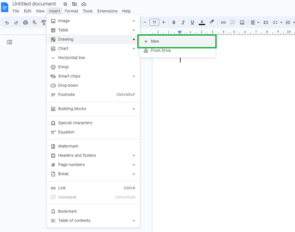 A screenshot of a blank Google Doc with the Drawing menu open. 