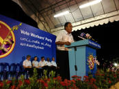 Aljunied MP Muhd Faisal bin Abdul Manap speaks at the podium at the WP's final rally in Punggol East. (Yahoo! photo)