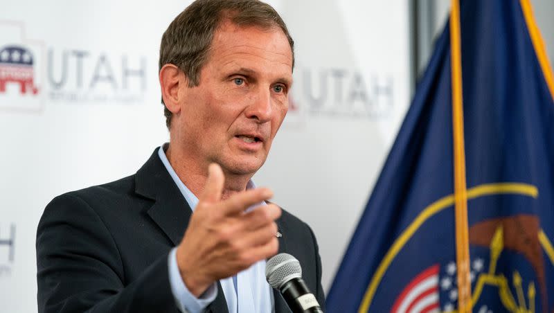 Rep. Chris Stewart, R-Utah, speaks at an election night event for Republican candidates at the Utah Association of Realtors building in Sandy on Nov. 3, 2020.