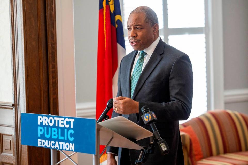 Mo Green, the Democratic nominee for state superintendent, speaks during a press conference at the Democratic Party’s state headquarters in Raleigh on Thursday, March 21, 2024.