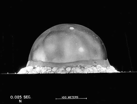 The Trinity explosion, 25 milliseconds after detonation. <em>U.S. Govt. Defense Threat Reduction Agency</em>