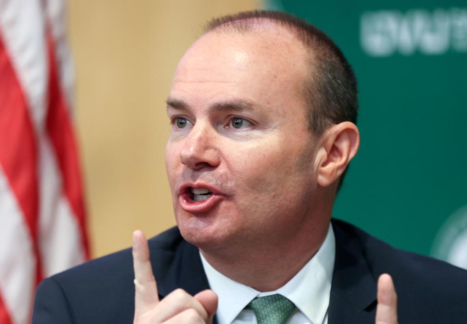 Sen. Mike Lee, R-Utah, talks about “The Importance of the U.S.-U.K. Bilateral Relationship” during a Gary R. Herbert Institute for Public Policy Forum with former British Prime Minister Liz Truss at Utah Valley University in Orem on Tuesday, Feb. 20, 2024. | Kristin Murphy, Deseret News