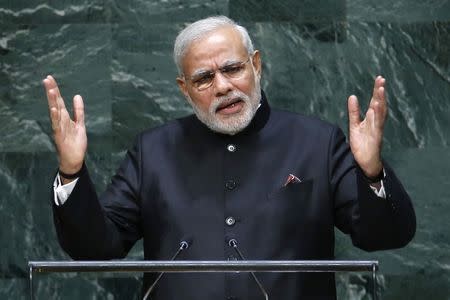 India's Prime Minister Narendra Modi addresses the 69th United Nations General Assembly at the U.N. headquarters in New York September 27, 2014. REUTERS/Eduardo Munoz