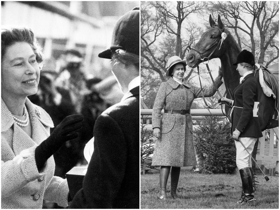 Queen Elizabeth II presenting her daughter Princess Anne with a trophy at the Burghley Horse Trials in 1971; The Queen congratulates Princess Anne and her horse after the Badminton Horse Trials in 1971.