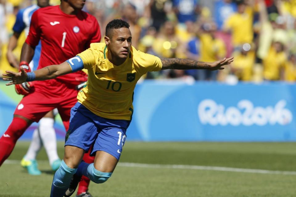 Neymar celebrates after his opening goal against Honduras during the Olympic semifinals against Honduras on Wednesday at the Maracana stadium in Rio de Janeiro.