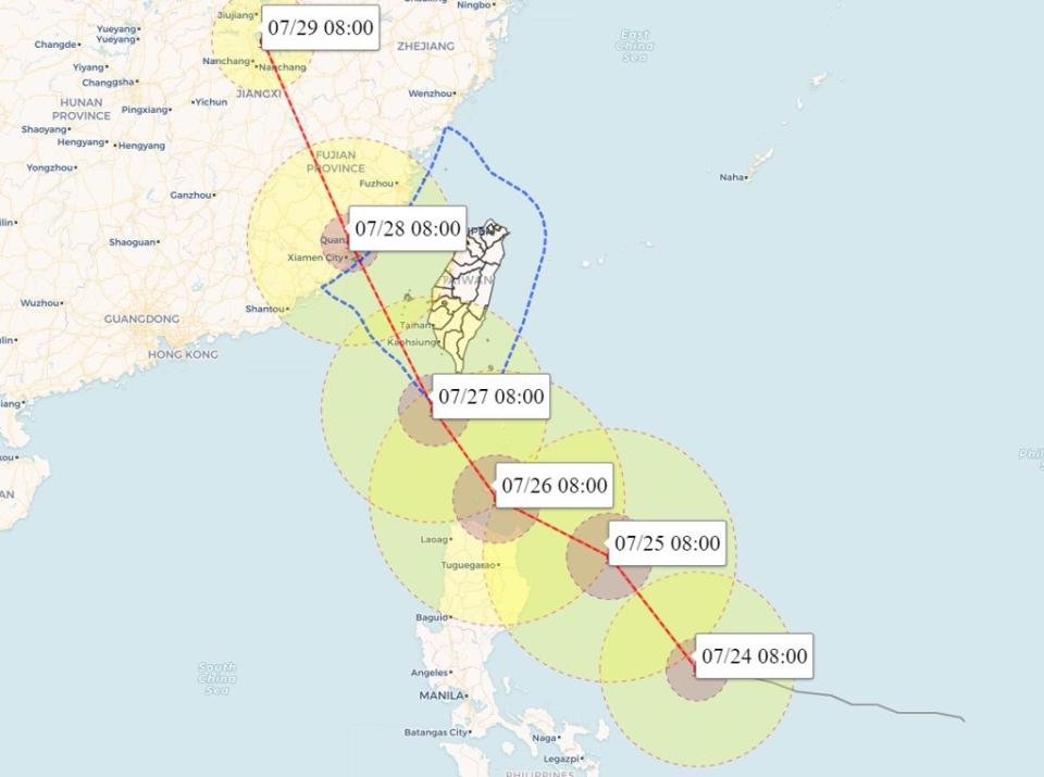 中颱杜蘇芮雖然路徑再偏南，但周三、四暴風圈仍籠罩南台灣。(翻攝自 彭啟明臉書)