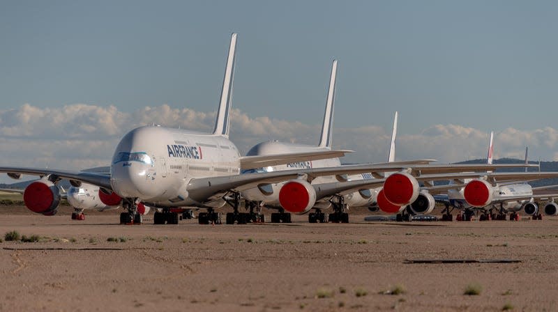 Airbus A380 passenger aircraft operated by Air France stand parked in a storage facility operated by TARMAC Aerosave at Teruel Airport on May 18, 2020 in Teruel, Spain.