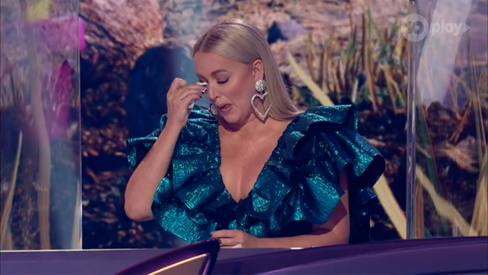 Jackie O wipes tears away after Kitten's song makes her miss her daughter on The Masked Singer 2020 Australia