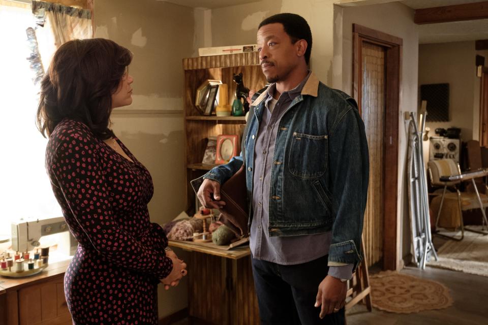 Michole Briana White and Russell Hornsby in a scene from "BMF," the Starz crime drama.