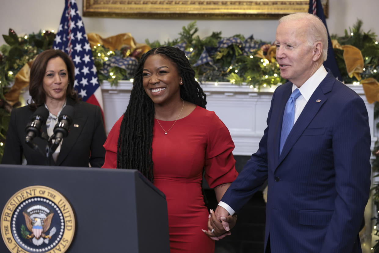 President Joe Biden holds the hand of Cherelle Griner after announcing the release of Brittney Griner from Russian custody on Dec. 8, 2022 at the White House in Washington, D.C. (Oliver Contreras/for The Washington Post via Getty Images)
