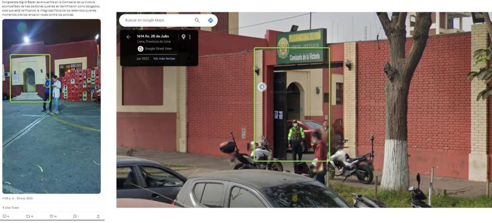 <span>Comparación entre una foto publicada en X (I) y una vista en Google Maps de la Comisaría de La Victoria, hecha el 5 de mayo de 2024</span>