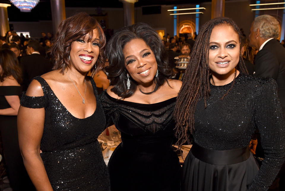 Gayle King, Oprah Winfrey, and Ava DuVernay made up the cool girl table at the Golden Globes. (Photo: Michael Kovac/Getty Images for Moet & Chandon)