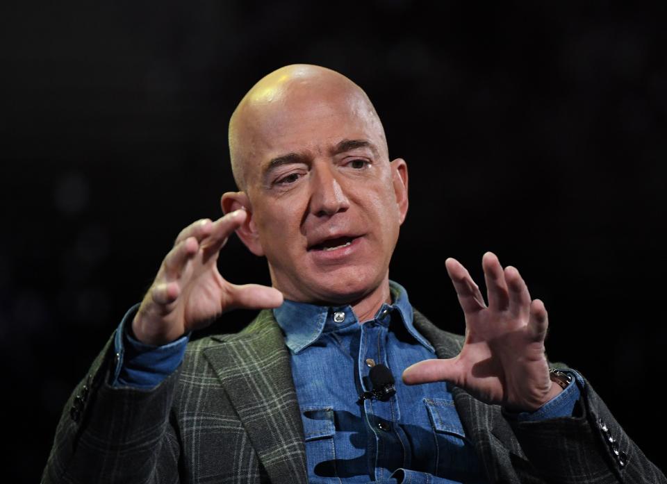 Amazon Founder and CEO Jeff Bezos addresses the audience during a keynote session at the Amazon Re:MARS conference on robotics and artificial intelligence at the Aria Hotel in Las Vegas, Nevada on June 6, 2019. (Photo by Mark RALSTON / AFP)        (Photo credit should read MARK RALSTON/AFP via Getty Images)