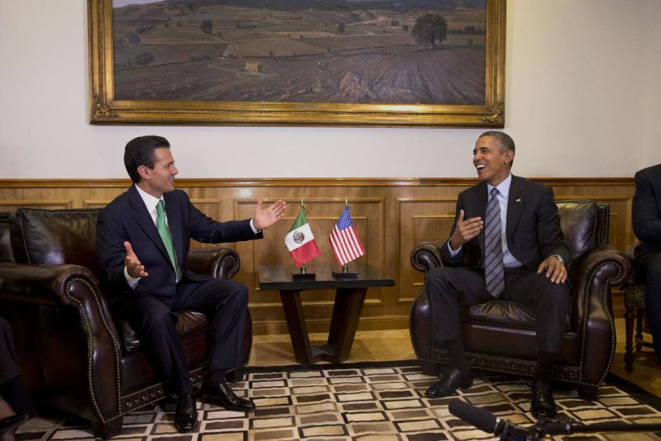 President Barack Obama meets with Mexican President Enrique Peña Nieto at the state government palace in Toluca, Mexico on Wednesday, Feb. 19, 2014, before the seventh trilateral North American Leaders Summit Meeting. This year's theme is “North American Competitiveness.” (AP Photo/Jacquelyn Martin)