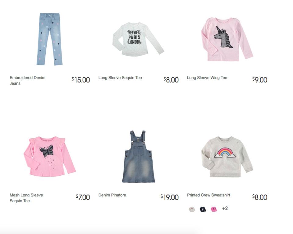 Danielle wanted a few basic jumpers, but all that came up on the Kmart site was pages and pages of clothes emblazoned with sparkly unicorns and glitter slogans. Photo: Kmart