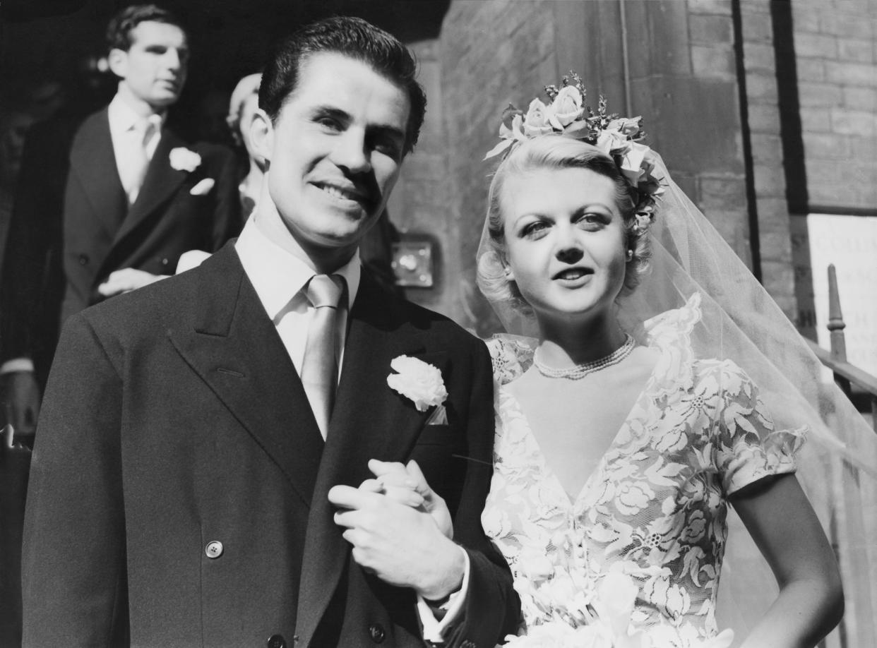 Actress Angela Lansbury after her wedding to actor Peter Shaw at the Chapel of St Columba's Church House in Lennox Gardens, Kensington, London, on August 12, 1949. 
