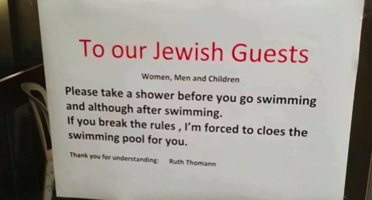 <em>The sign told Jewish guests to shower before entering the pool (Facebook)</em>