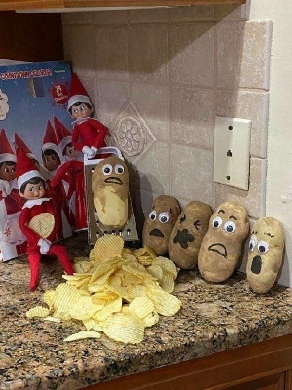 elf is shaving potatoes and there's potato chips