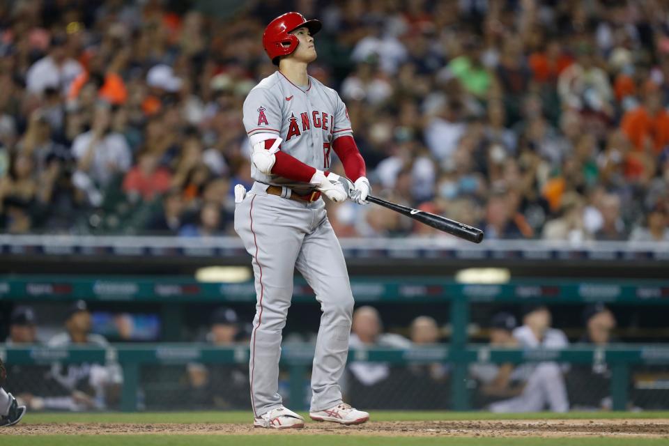 Shohei Ohtani watches his home run during the eighth inning against the Detroit Tigers.