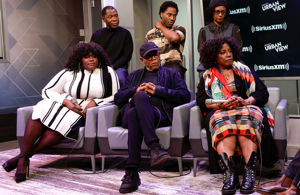 Samuel L. Jackson, Michael Potts, John David Washington, Danielle Brooks, April Matthis and LaTanya Richardson Jackson attend SiriusXM's Town Hall with the cast of Broadway's 'The Piano Lesson' hosted by Mike Muse at SiriusXM Studios on December 06, 2022 in New York City.