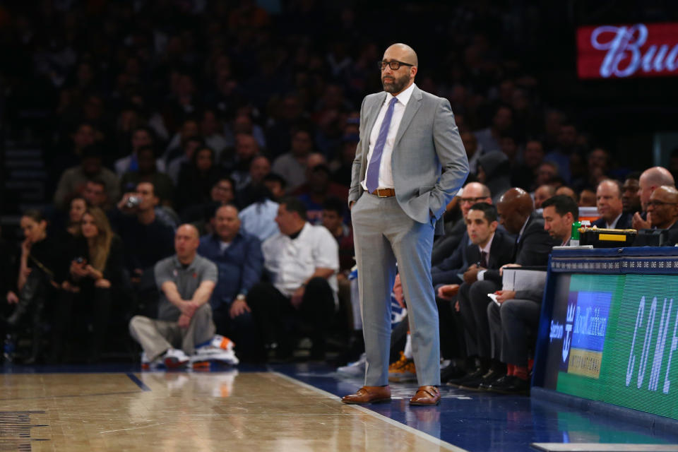 NEW YORK, NEW YORK - NOVEMBER 24:  Head Coach David Fizdale of the New York Knicks looks on against the Brooklyn Nets at Madison Square Garden on November 24, 2019 in New York City.Brooklyn Nets defeated the New York Knicks 103-101. NOTE TO USER: User expressly acknowledges and agrees that, by downloading and or using this photograph, User is consenting to the terms and conditions of the Getty Images License Agreement.  (Photo by Mike Stobe/Getty Images)