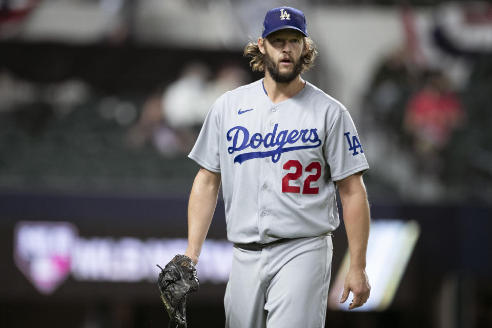 ARLINGTON, TX - OCTOBER 15: Clayton Kershaw #22 of the Los Angeles Dodgers looks on during Game 4 of the NLCS between the Atlanta Braves and the Los Angeles Dodgers at Globe Life Field on Thursday, October 15, 2020 in Arlington, Texas. (Photo by Kelly Gavin/MLB Photos via Getty Images)